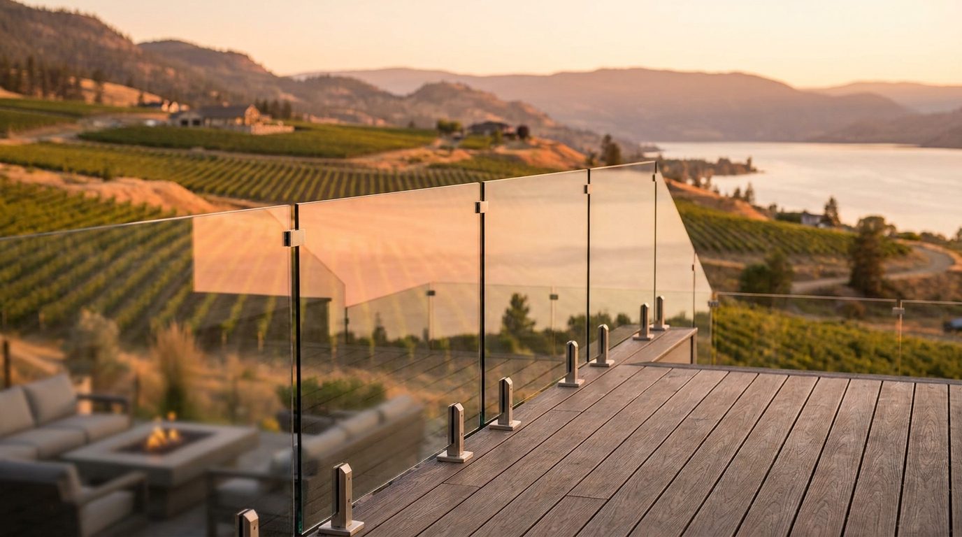Frameless glass deck railing overlooking Okanagan Lake